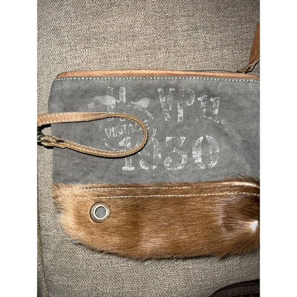 Myra Bags Brown Leather/Hairon 9.5"x6" wristlet Pouch Bag Clutch - Picture 3 of 7